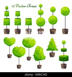 Vector set of 12 green polygonal trees, low poly, nature symbol Stock Vector