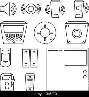Vector simple set of detectors icons for window, fire, sound, intercom, fire alarm, reader, electronic lock. Access Control Syst Stock Vector