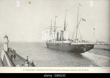 A transatlantic ship leaving the port of Le Havre, France. Old 19th ...