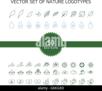 Vector set of 50 ecology icons, nature logo, biology symbols from leaves, hand, sun, snow, drop Stock Vector