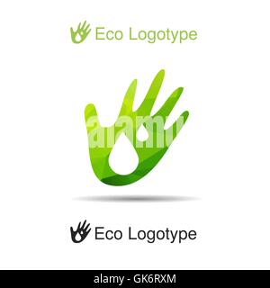 Vector ecology logotype from hand with drops Stock Vector
