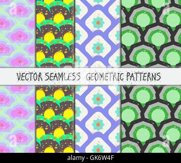 Grunge colorful geometric seamless patterns set. Vector Stock Vector