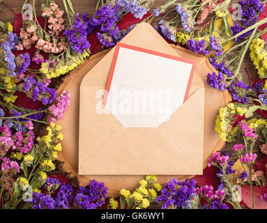 Dried multicolored statice flowers around envelope with card Stock Photo