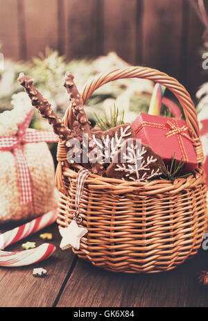 Festive basket of gifts in retro style Stock Photo