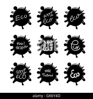 Hand drawn ecology and 100 percents natural lettering badges set. Isolated grunge sticker or nature icon of quality for banner,  Stock Vector