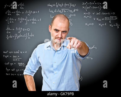 Math Pointing Math teacher pointing on board, giving virtual lecture to students ...