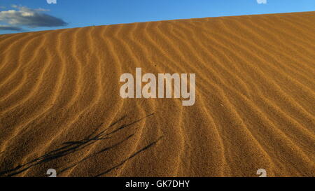 Dune with wavy sand pattern in the desert with blue sky and clouds Stock Photo