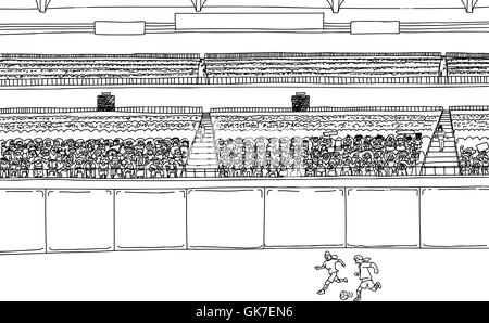 Illustration of soccer players running after ball at stadium with large diverse crowd Stock Photo