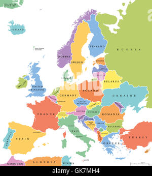 Europe single states political map. All countries in different colors, with national borders and country names. English labeling Stock Photo
