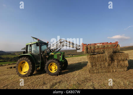 Littleborough, UK. 18th August, 2016. UK Weather: A farming family work into the evening to make hay while the sun shines. Pictured: Hay making takes place on a farm in Littleborough, 18th August, 2016 Credit:  Barbara Cook/Alamy Live News Stock Photo