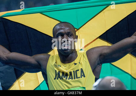 Rio de Janeiro, Brazil. 18th Aug, 2016. Usain Bolt (JAM) wins the gold medal in the Men's 200m at the 2016 Olympic Summer Games. Credit:  PCN Photography/Alamy Live News Stock Photo