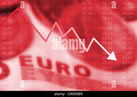 arrow graph going down and euro currency in background Stock Photo