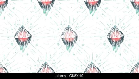 Inspirational mountain seamless pattern for print, fabric, t-shirt, greeting, card.  Vintage boho hand drawn nature iceberg peak Stock Vector