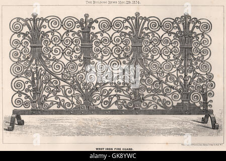 Wrought iron fire guard. Decorative, antique print 1874 Stock Photo