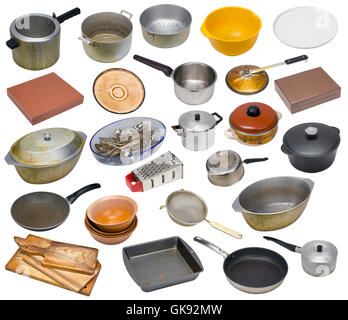 The rural used old dirty vintage kitchen equipment of the ninetieth years of the twentieth century. Isolated set Stock Photo