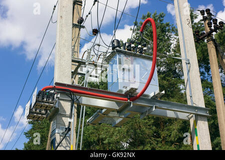 VILNIUS, LITHUANIA - JULY 30, 2016: The new three-phase transformer of the Swedish producer of ABB for power supply of  houses a Stock Photo