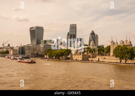 A view of the London skyline looking over the Thames from the South Bank featuring,the Gherkin,Walkie Talkie and Cheesegrater Stock Photo