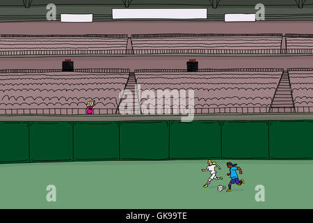 Doodle cartoon of empty stadium with single waving fan and two soccer players chasing a ball Stock Photo