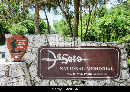 Bradenton Florida,National Park Service,De Soto National Memorial,1539,Hernando de Soto landing,Spanish conquistador,landmark,sign,entrance,FL16063014 Stock Photo