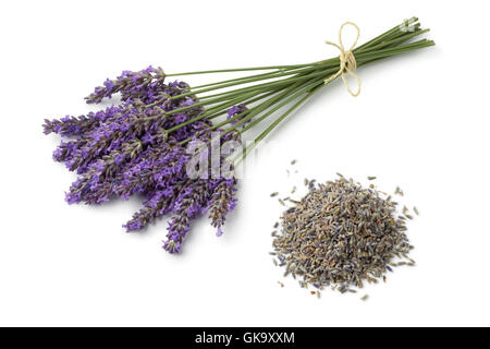 Fresh purple lavender and dried flowers on white background Stock Photo