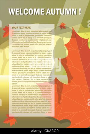 Welcome autumn card with orange and red oak leaves in autumn and a woman with umbrella silhouette. Digital vector image Stock Vector