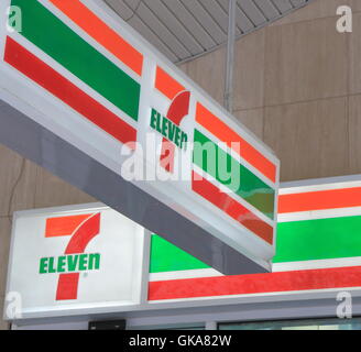 7-Eleven logo, the world's largest operator franchisor and licensor of convenience stores with more than 50000 outlets. Stock Photo