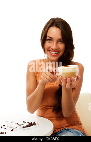 coffee cheerful young woman with a cup of cappuccino Stock Photo