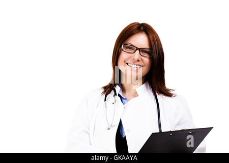 happy female doctor with clipboard Stock Photo
