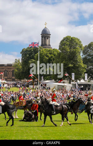 Household Cavalry Mounted Regiment performing in the Quarry at Shrewsbury Flower Show, Shropshire, England, UK Stock Photo
