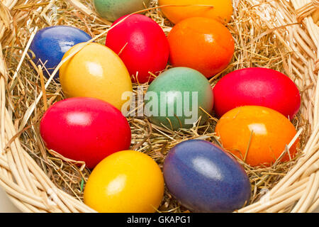 colorful easter eggs in a basket Stock Photo