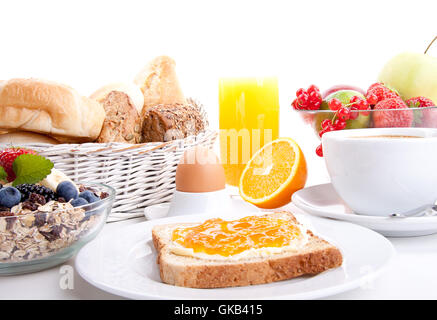 fresh breakfast with toast,jam,juice and egg isolated Stock Photo