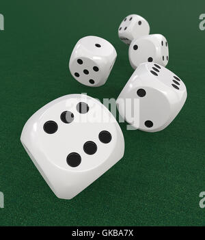 3D Render of 5 classic White dices rolling forward on Green Casino Felt. Medium DOF. Stock Photo
