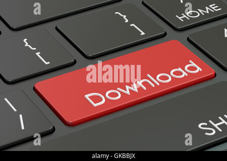 download button, red hot key on  keyboard. 3D rendering Stock Photo