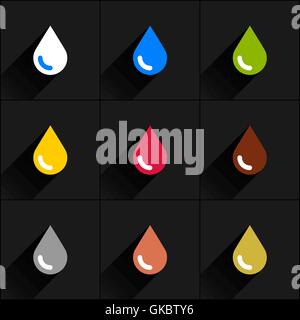 Drop icon set milk, water, eco, oil, blood, chocolate, silver, copper, gold in simple flat style. Stock Vector
