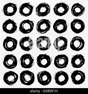 25 circle form black brush stroke. Drawing created in ink sketch handmade technique. Shapes on white paper watercolor texture Stock Vector