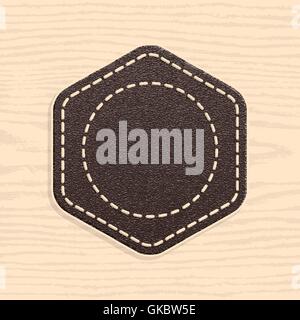Blank leather badge in retro vintage style. Rounded hexagon shape on wood texture pattern background. Stock Vector