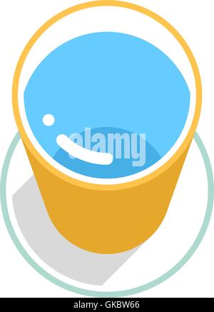 Yellow bucket with clean water with gray long shadow on circle icon with green stroke on white background in 3d flat style. Stock Vector