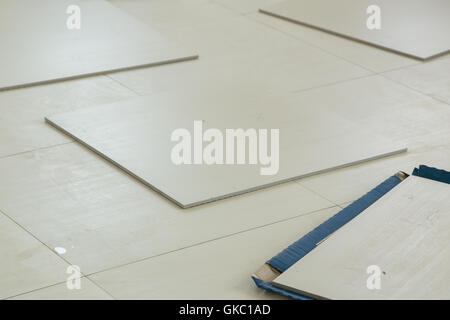 new Tiles floor, prepare for working tiles Stock Photo