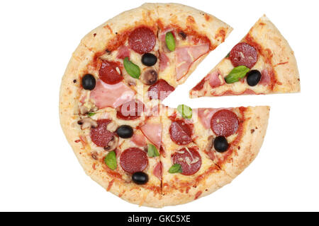sliced pizza with salami,ham and mushrooms Stock Photo
