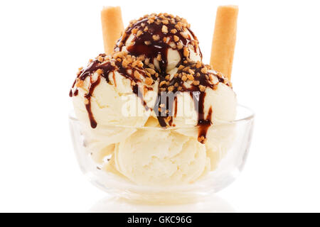 vanilla ice cream with schkoladensauce and crunchy Stock Photo