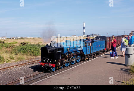 View across Dungeness Kent UK - Romney, Hythe & Dymchurch Railway steam train at Dungeness station Stock Photo