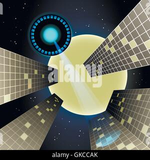 UFO in dark night sky scans skyscrapers in a city district by rays. Stock Vector