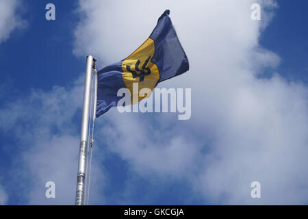 The flag of Barbados - a black broken trident on a triband of two bands of ultramarine blue and a golden yellow middle band Stock Photo