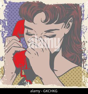 Woman talking on the phone sad pop art comics retro style Halfto Stock Vector