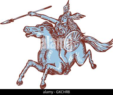 Valkyrie Warrior Riding Horse Spear Etching Stock Vector