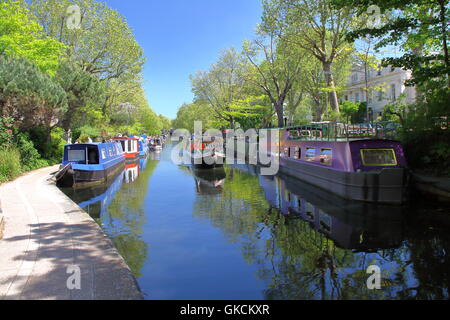 Colourful barges on the Little Venice Canal, London, Great Britain Stock Photo