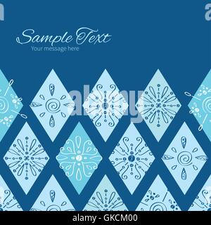 Vector abstract blue doodle rhombus horizontal frame seamless pattern background Stock Vector