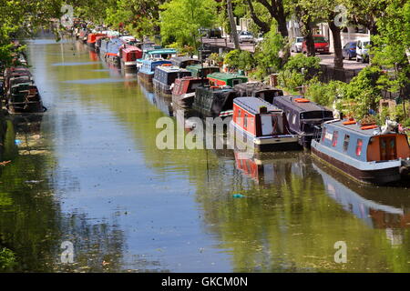 Colourful barges on the Little Venice Canal, London, Great Britain Stock Photo