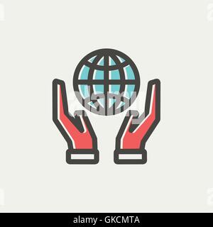 Two hands holding globe thin line icon Stock Vector