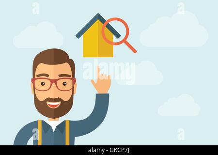 Man pointing the house with magnifying glass icon Stock Vector